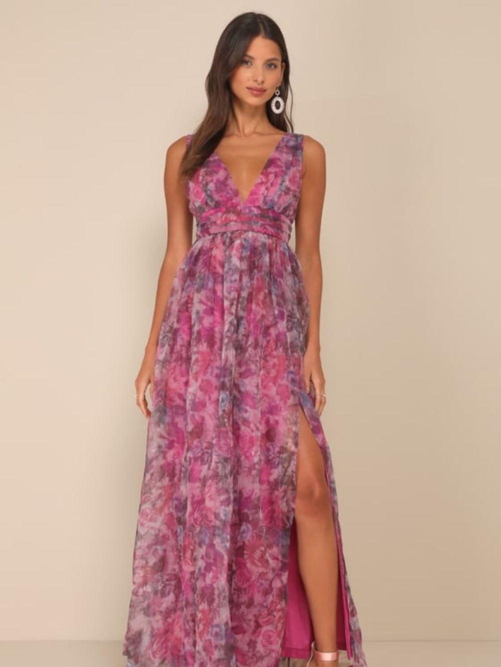 Lulus Garden Romance Magenta Floral Print Organza Maxi Dress Pink - Size S
